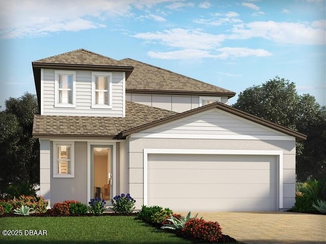 181 Links Terrace Blvd, Daytona Beach, FL 32124 - view of front facade with a shingled roof, driveway, an attached garage, and stucco siding