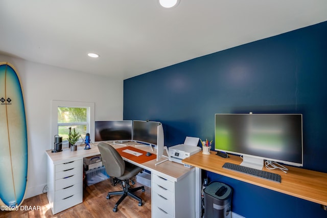 home office with recessed lighting and wood finished floors