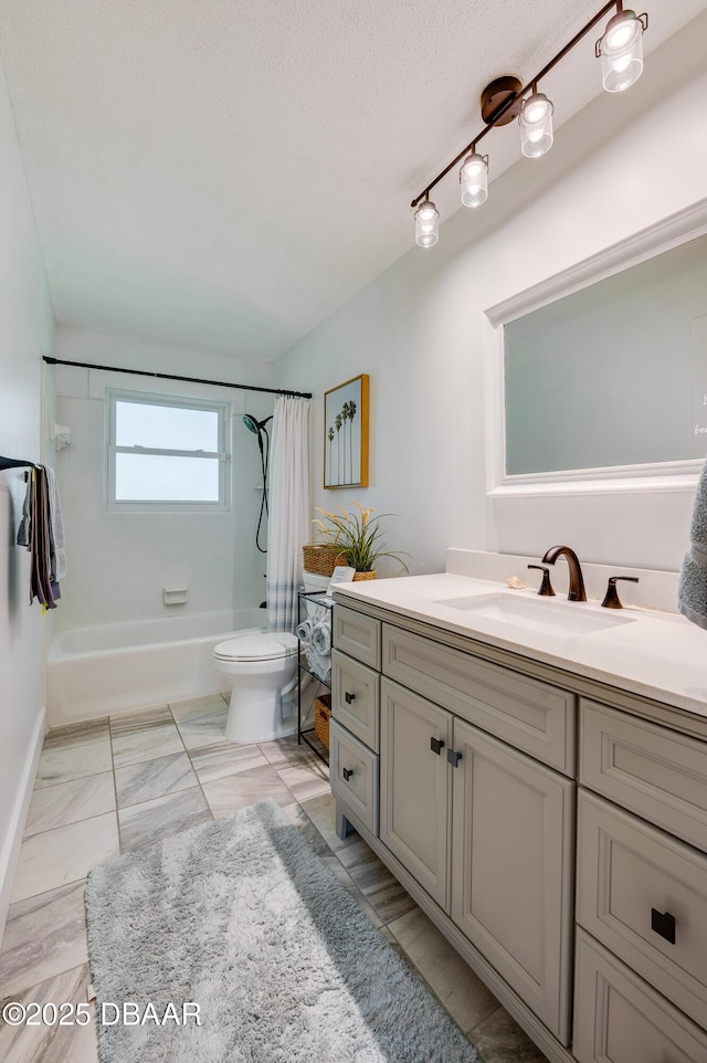 full bath featuring vanity, toilet, a textured ceiling, and shower / bath combination with curtain