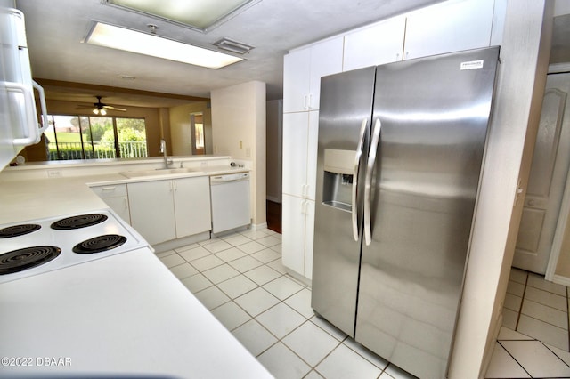 kitchen featuring white cabinetry, dishwasher, ceiling fan, stainless steel refrigerator with ice dispenser, and light tile patterned floors