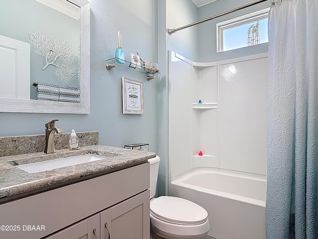 full bath with vanity, toilet, and shower / bathtub combination with curtain