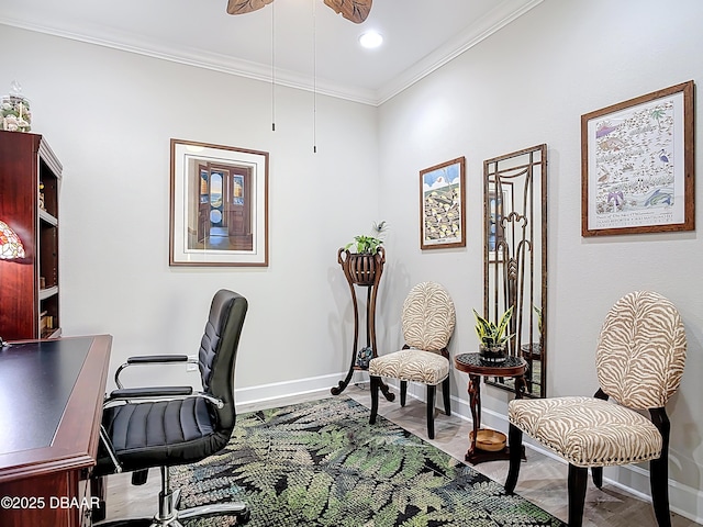 office area featuring ceiling fan, recessed lighting, baseboards, and ornamental molding