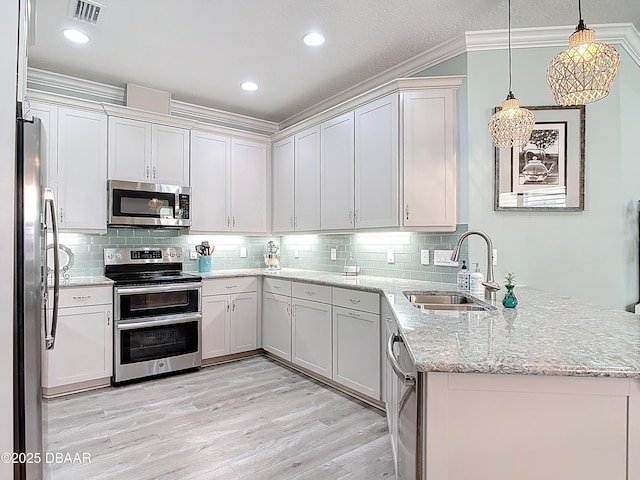 kitchen with visible vents, a peninsula, a sink, appliances with stainless steel finishes, and backsplash