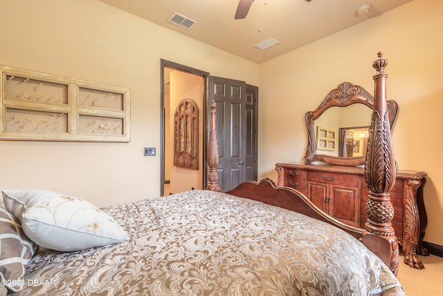 bedroom featuring carpet flooring, ceiling fan, and lofted ceiling