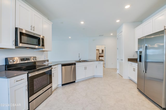 kitchen with white cabinetry, appliances with stainless steel finishes, sink, and kitchen peninsula