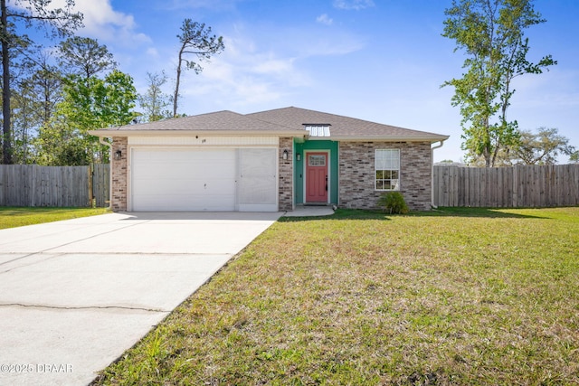 view of front facade with a front yard, fence, driveway, a garage, and brick siding