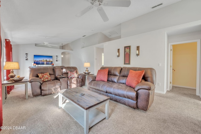 living room with ceiling fan and light colored carpet