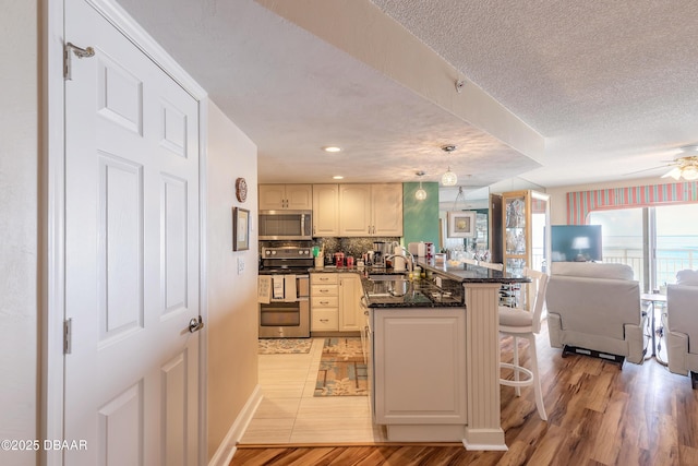 kitchen featuring light wood finished floors, stainless steel appliances, open floor plan, a sink, and a peninsula