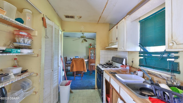 kitchen featuring ceiling fan, range with gas stovetop, sink, and decorative backsplash