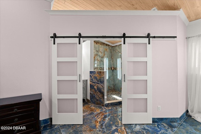 bathroom with built in features and wood ceiling