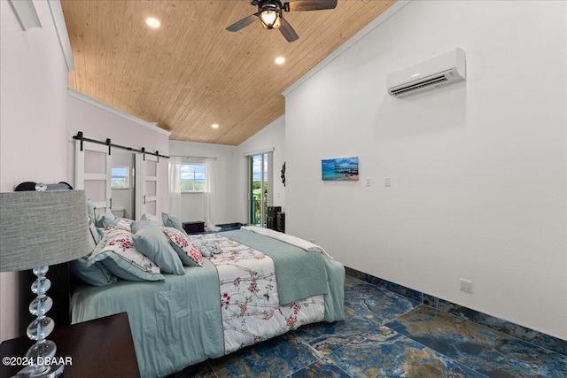 bedroom with ceiling fan, a barn door, wooden ceiling, and a wall unit AC