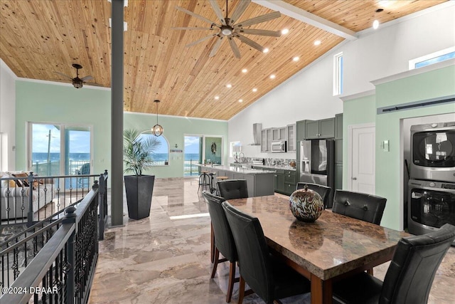 dining area with beam ceiling, high vaulted ceiling, ceiling fan, and wood ceiling