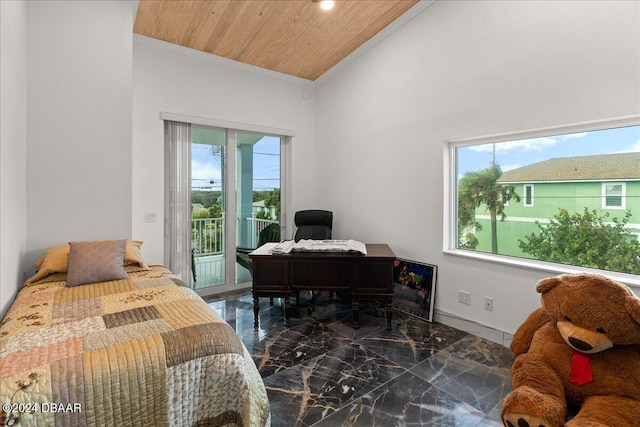 bedroom featuring access to exterior, wood ceiling, and multiple windows