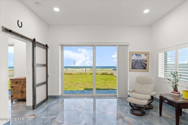 sitting room with a barn door and plenty of natural light