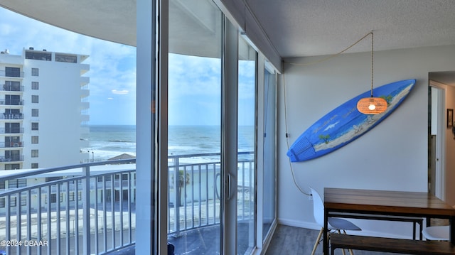 miscellaneous room featuring hardwood / wood-style floors, a water view, and a textured ceiling