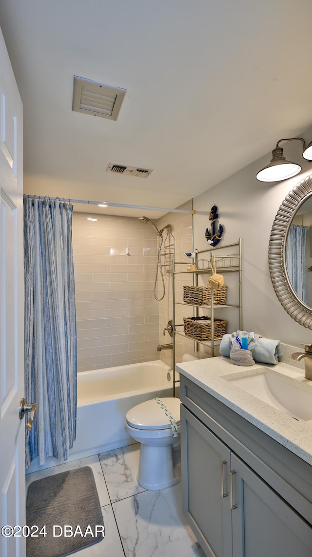 full bathroom with toilet, vanity, and shower / tub combo with curtain