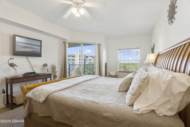 bedroom with ceiling fan, access to exterior, and carpet flooring