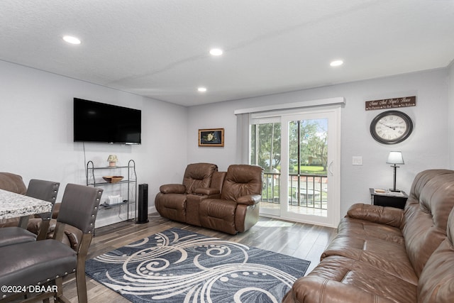 living room featuring hardwood / wood-style floors and a textured ceiling