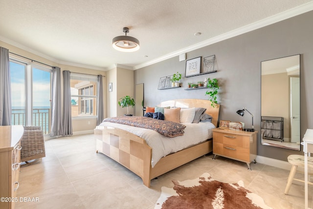 2515 S Atlantic Ave Unit 703, Daytona Beach, FL 32118 - bedroom with ornamental molding, access to exterior, light tile patterned floors, and a textured ceiling