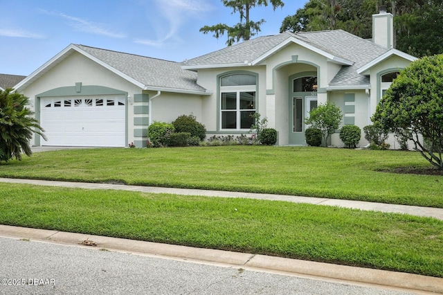 3776 Sweet Grove Ct, Port Orange, FL 32129 - ranch-style home featuring stucco siding, a shingled roof, a chimney, an attached garage, and a front yard