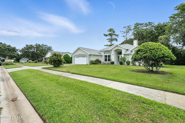3776 Sweet Grove Ct, Port Orange, FL 32129 - ranch-style house with an attached garage, a front lawn, driveway, stucco siding, and a chimney