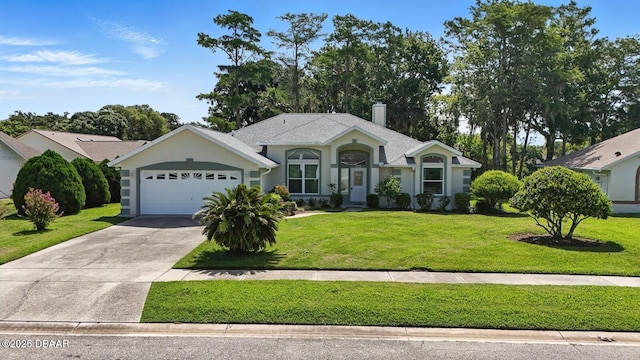 3776 Sweet Grove Ct, Port Orange, FL 32129 - ranch-style house with a garage, driveway, a front lawn, a chimney, and stucco siding