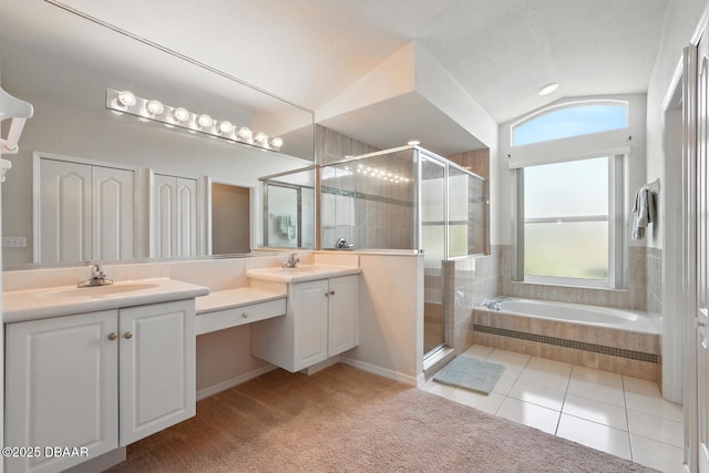 3776 Sweet Grove Ct, Port Orange, FL 32129 - bathroom featuring double vanity, a stall shower, a bath, lofted ceiling, and tile patterned flooring