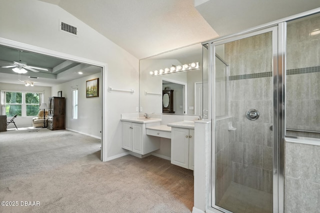 3776 Sweet Grove Ct, Port Orange, FL 32129 - full bath featuring a shower stall, vanity, a ceiling fan, and lofted ceiling