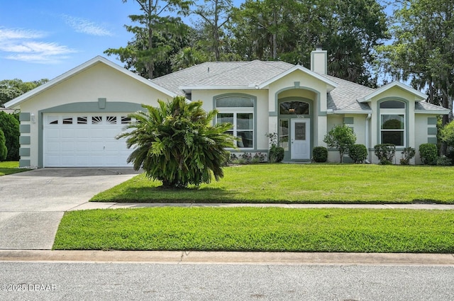 3776 Sweet Grove Ct, Port Orange, FL 32129 - ranch-style house with a front lawn, a chimney, stucco siding, concrete driveway, and an attached garage