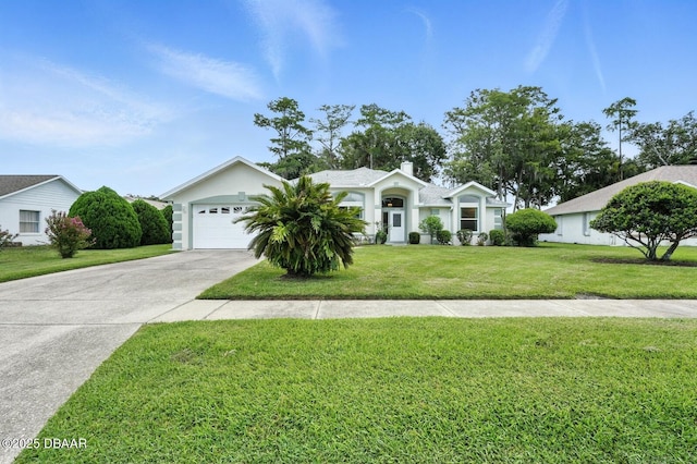 3776 Sweet Grove Ct, Port Orange, FL 32129 - single story home with a garage, concrete driveway, a front yard, a chimney, and stucco siding