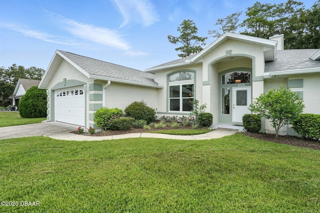 3776 Sweet Grove Ct, Port Orange, FL 32129 - ranch-style house featuring stucco siding, a chimney, an attached garage, a front lawn, and driveway