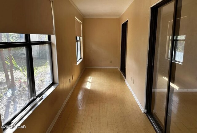 hall with crown molding and light hardwood / wood-style flooring