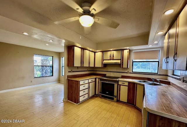 kitchen with electric stove, sink, light hardwood / wood-style floors, and plenty of natural light