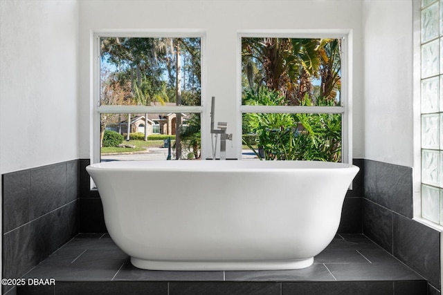 bathroom with a washtub and a healthy amount of sunlight