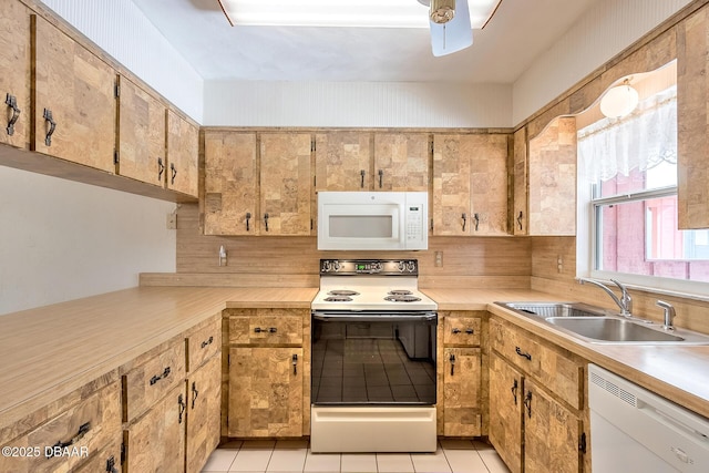 16 Red Maple Cir, Ormond Beach, FL 32174 - kitchen featuring a sink, ceiling fan, white appliances, light countertops, and decorative backsplash