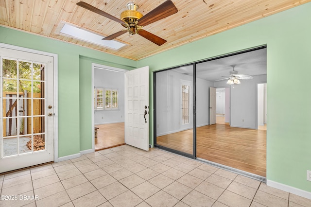 interior space featuring ceiling fan, a skylight, wood ceiling, and a wealth of natural light