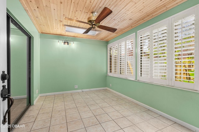 unfurnished room with ceiling fan, light tile patterned floors, and wood ceiling