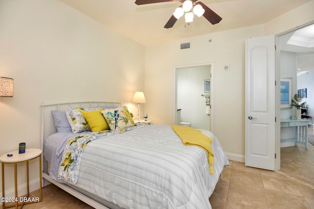 bedroom featuring light tile patterned flooring and ceiling fan