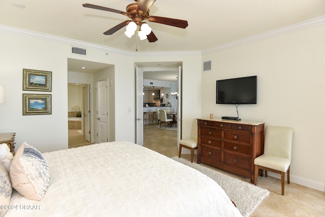 tiled bedroom with ensuite bathroom, ceiling fan, and crown molding