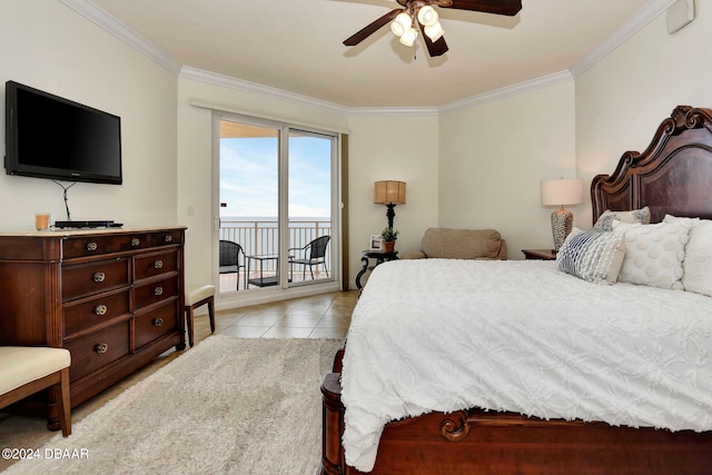 bedroom featuring access to exterior, ornamental molding, ceiling fan, and light tile patterned flooring