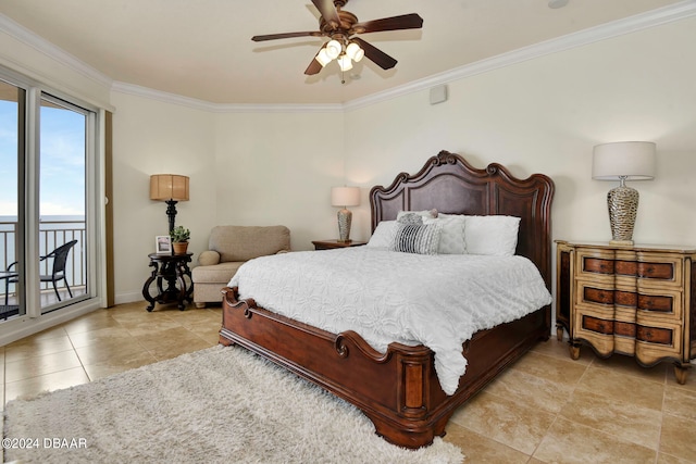 bedroom featuring access to outside, ceiling fan, and crown molding