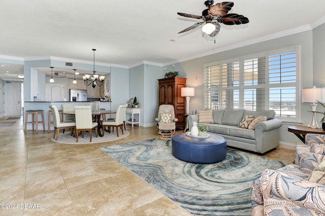 living room featuring ceiling fan with notable chandelier and crown molding