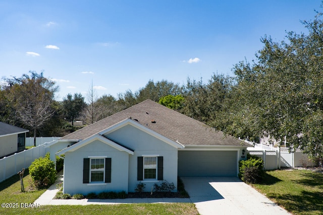 ranch-style home with a garage, fence, driveway, a gate, and a front lawn