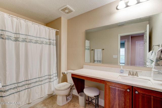 full bath with toilet, vanity, visible vents, and tile patterned floors