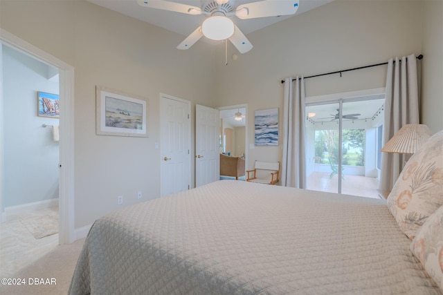 carpeted bedroom with access to outside and ceiling fan