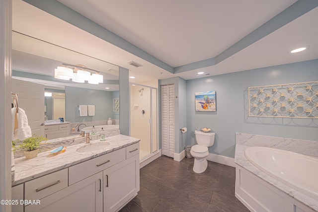 4565 S Atlantic Ave Unit 5501, Port Orange, FL 32127 - full bathroom featuring a stall shower, a bath, vanity, baseboards, and recessed lighting