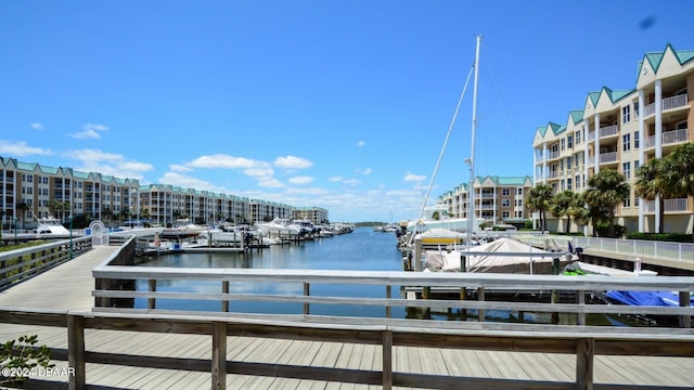 view of dock with a water view