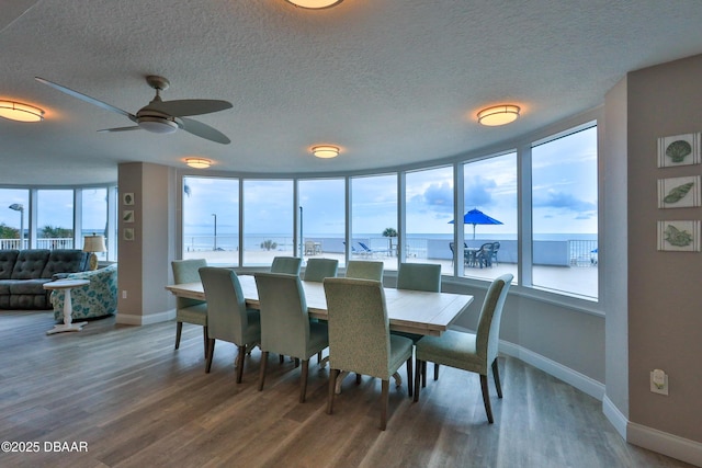 2625 S Atlantic Ave Unit 5Sw, Daytona Beach, FL 32118 - dining space featuring wood finished floors, a ceiling fan, a textured ceiling, and a water view