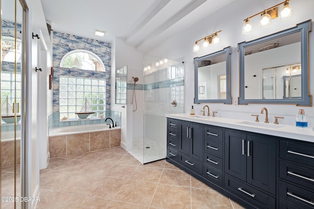 1214 Hampstead Ln, Ormond Beach, FL 32174 - bathroom with double vanity, a bath, tile patterned flooring, and a walk in shower