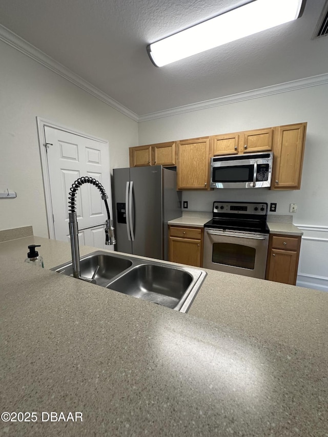 kitchen with sink, ornamental molding, and stainless steel appliances